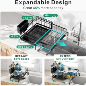 GSlife Expandable Dish Drying Rack with Drainboard - Anti-Rust 2-in-1 Sink Dish Racks for Kitchen Counter and Sink, Dish Drainer with Pan Slot and Utensil Holder for RV and Apartment, Black