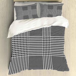 Fullentiart Duvet Cover Queen Size Houndstooth Pattern End Glen Plaid Check Seamless Black Queen Size Duvet Boho Duvet Cover (90"X90", 2 Pillow Covers)