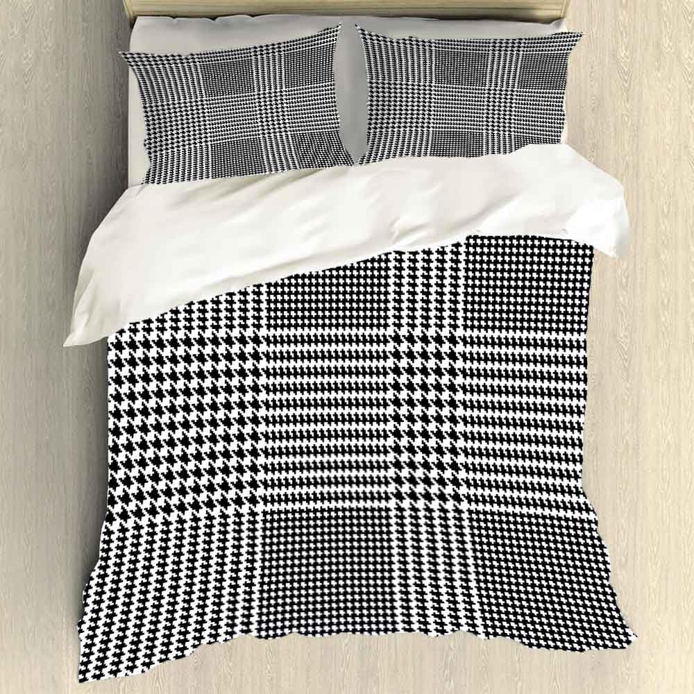 Fullentiart Duvet Cover Queen Size Houndstooth Pattern End Glen Plaid Check Seamless Black Queen Size Duvet Boho Duvet Cover (90"X90", 2 Pillow Covers)