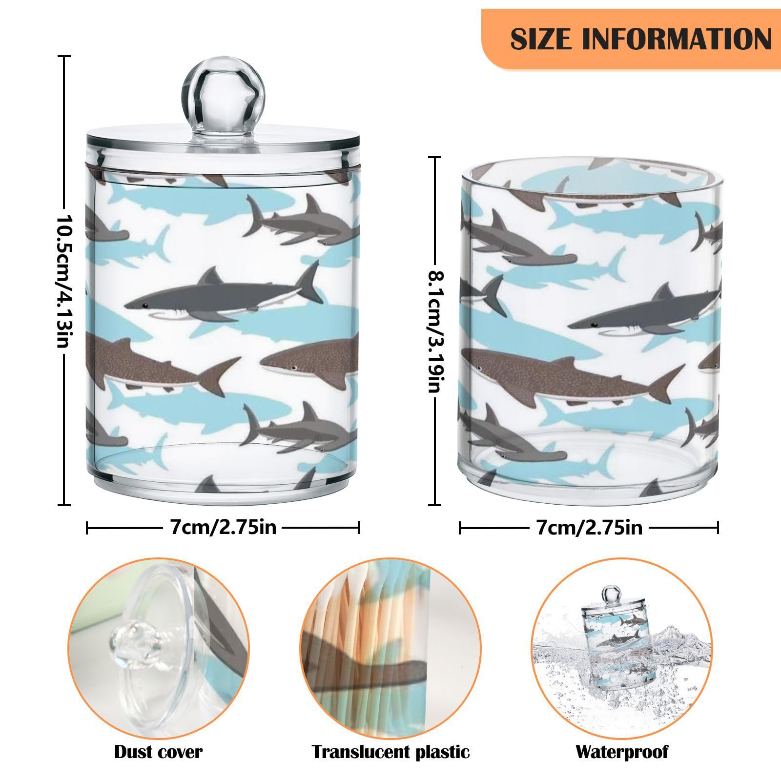 KEEPREAL Cartoon Shark Pattern Qtip Holder Dispenser with Lids, 2PCS Plastic Food Storage Canisters, Apothecary Jar Containers for Vanity Organizer Storage #285