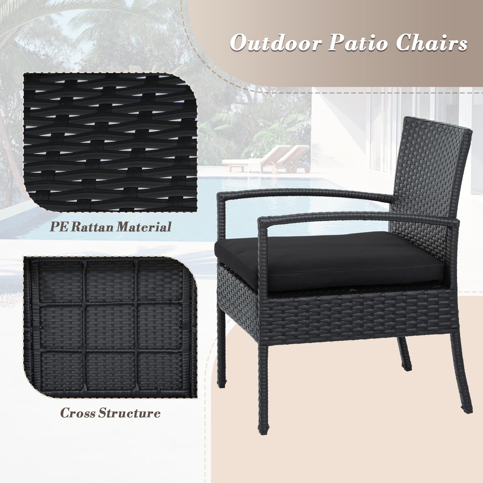 Athena Collection Patio Furniture Set PE Rattan Conversation Set of 3 Outdoor Bistro Table and Chairs Set with Seat Cushion for Garden, Front Porch, Backyard, Black