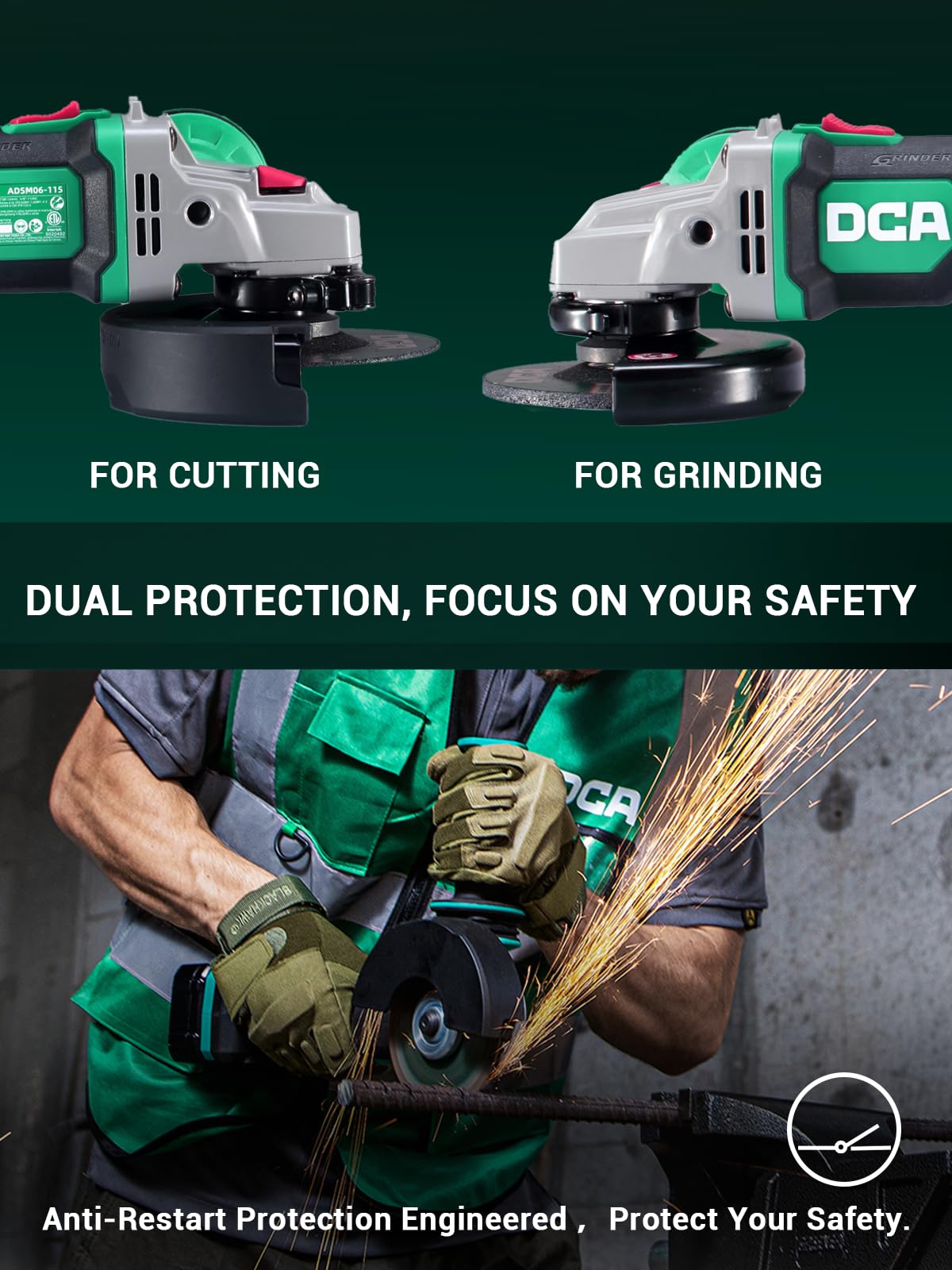 DCA Cordless Angle Grinder 20V 4-1/2 inch, 4.0Ah Battery & 2A Fast Charger, 8500RPM Brushless Motor, Power Angle Grinder with Cutting & Grinding Wheels, Flap Discs for Wood Metal & Rust Removal