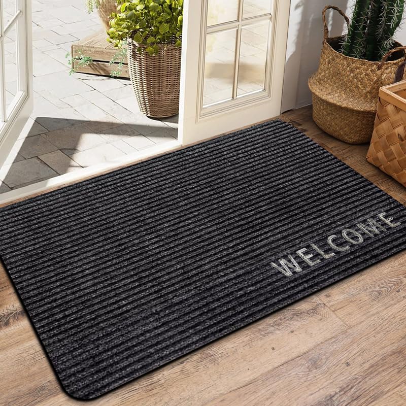 LYGLIGH Welcome Door Mat Outdoor: Sturdy Front Door Mats Indoor Entrance, Stain and Fade Resistant, Non-Slip Low Profile Washable Doormat, Trap Dirt and Moisture Floor Mat, 35"x24", Dark Gray.