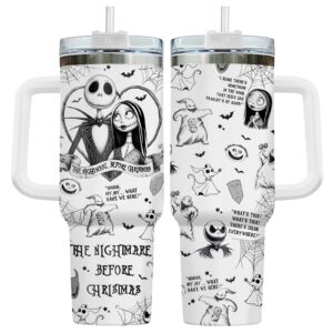 gepostore christmas gifts for movie lovers, jack skeleton 40 oz stainless steel tumbler with handle, lid, and straw, nightmare before movie cup, christmas mug, horror movie gifts for cartoon lovers