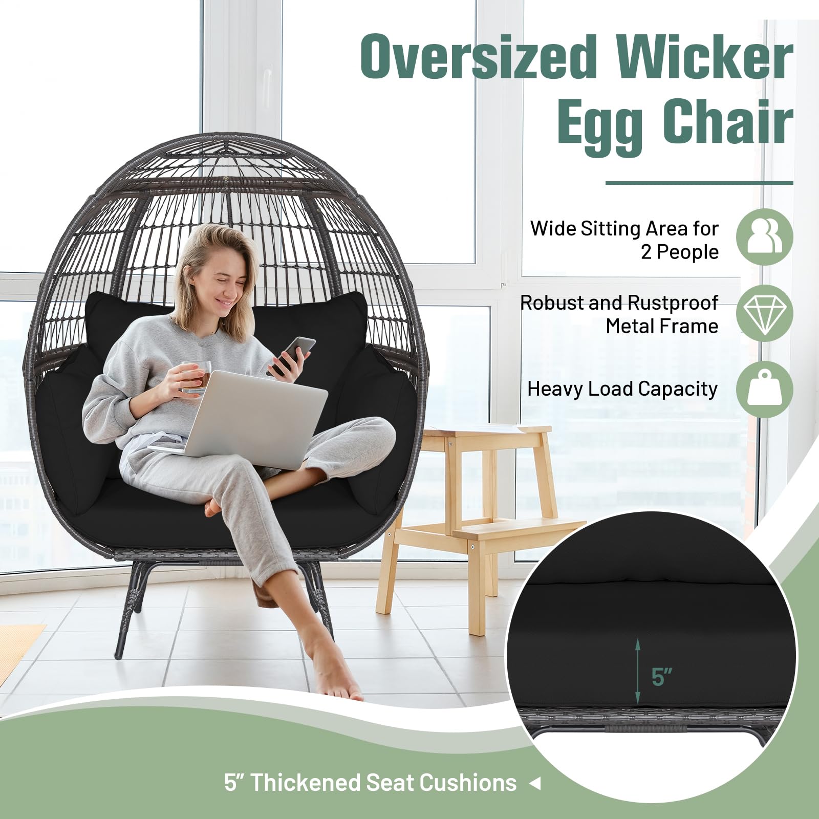 MAT EXPERT Oversized Egg Chair, Wicker Patio Basket Circle Lounge Chair w/Metal Stand & 4 Thick Cushions, PE Rattan Egg Lounger Outdoor Indoor for Backyard, Balcony, Living Room (Black)