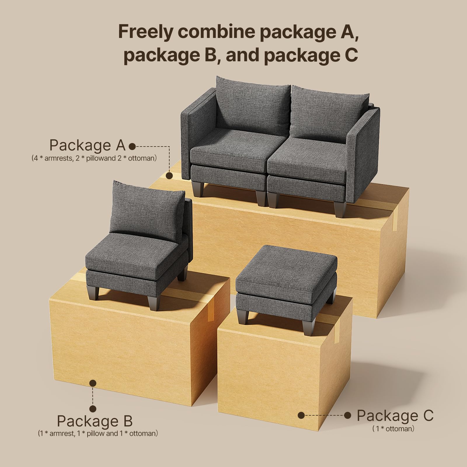 Gizoon Ottoman Module for Modular Sofa, Cube Seat, Square Ottoman for Sectional Couch, Footrest with Modern Fabric, Dark Grey