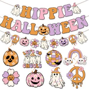 hippie halloween decorations, groovy hippie decorations includes groovy happy halloween banner, groovy garland and hippie halloween decor hanging swirls, hippie retro hippie decorations