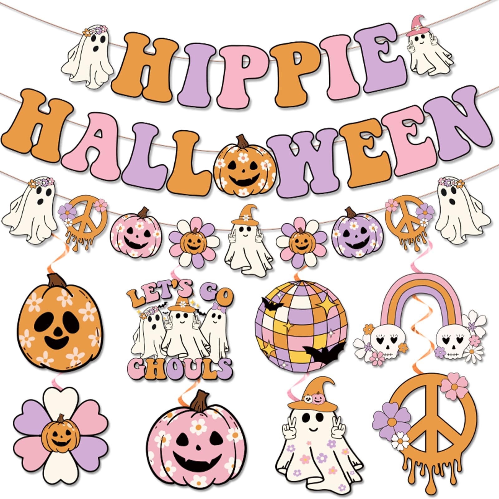 Hippie Halloween Decorations, Groovy Hippie Decorations includes Groovy Happy Halloween Banner, Groovy Garland and Hippie Halloween Decor Hanging Swirls, Hippie Retro Hippie Decorations