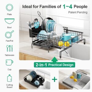 GSlife Expandable Dish Drying Rack with Drainboard - Anti-Rust 2-in-1 Sink Dish Racks for Kitchen Counter and Sink, Dish Drainer with Pan Slot and Utensil Holder for RV and Apartment, Black