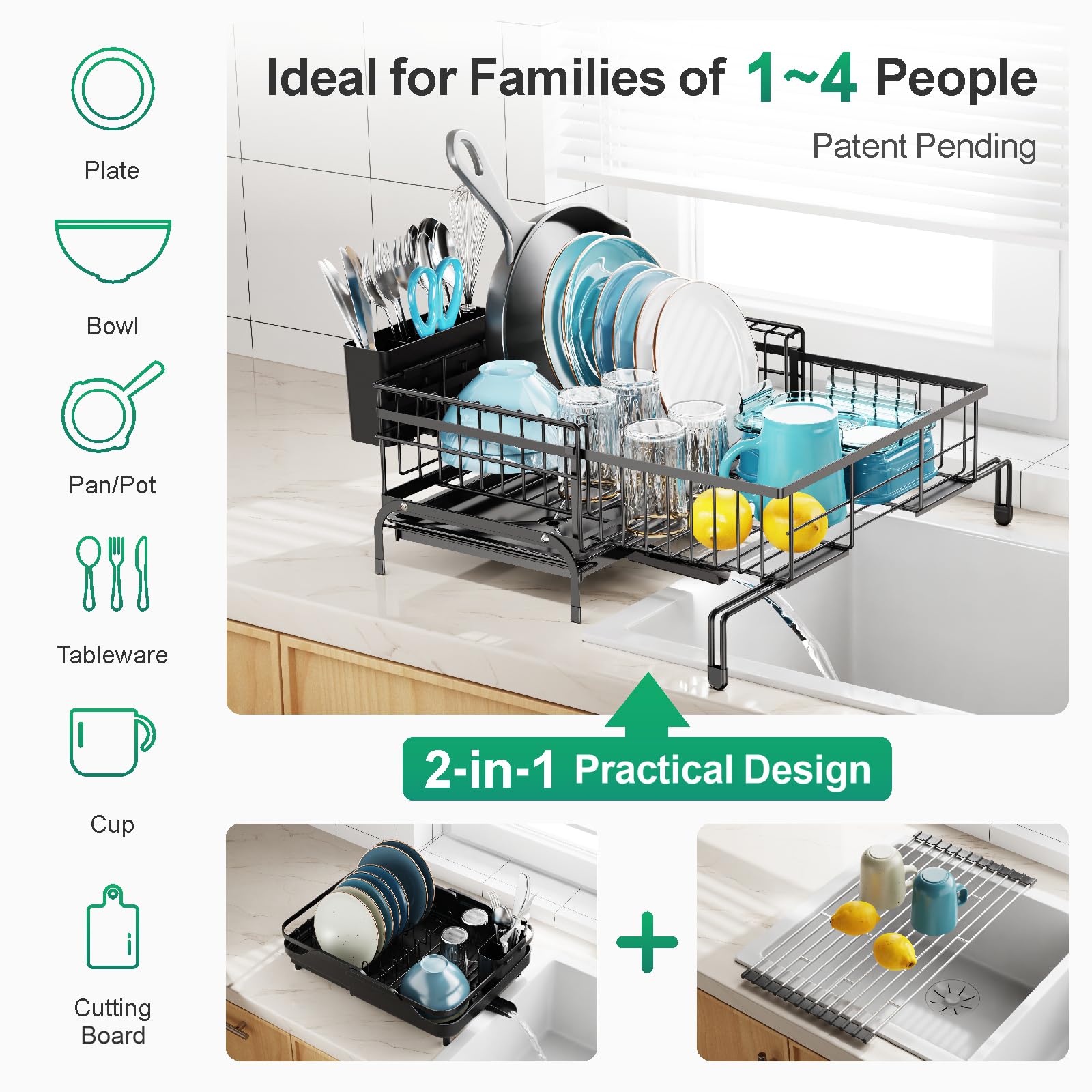 GSlife Expandable Dish Drying Rack with Drainboard - Anti-Rust 2-in-1 Sink Dish Racks for Kitchen Counter and Sink, Dish Drainer with Pan Slot and Utensil Holder for RV and Apartment, Black