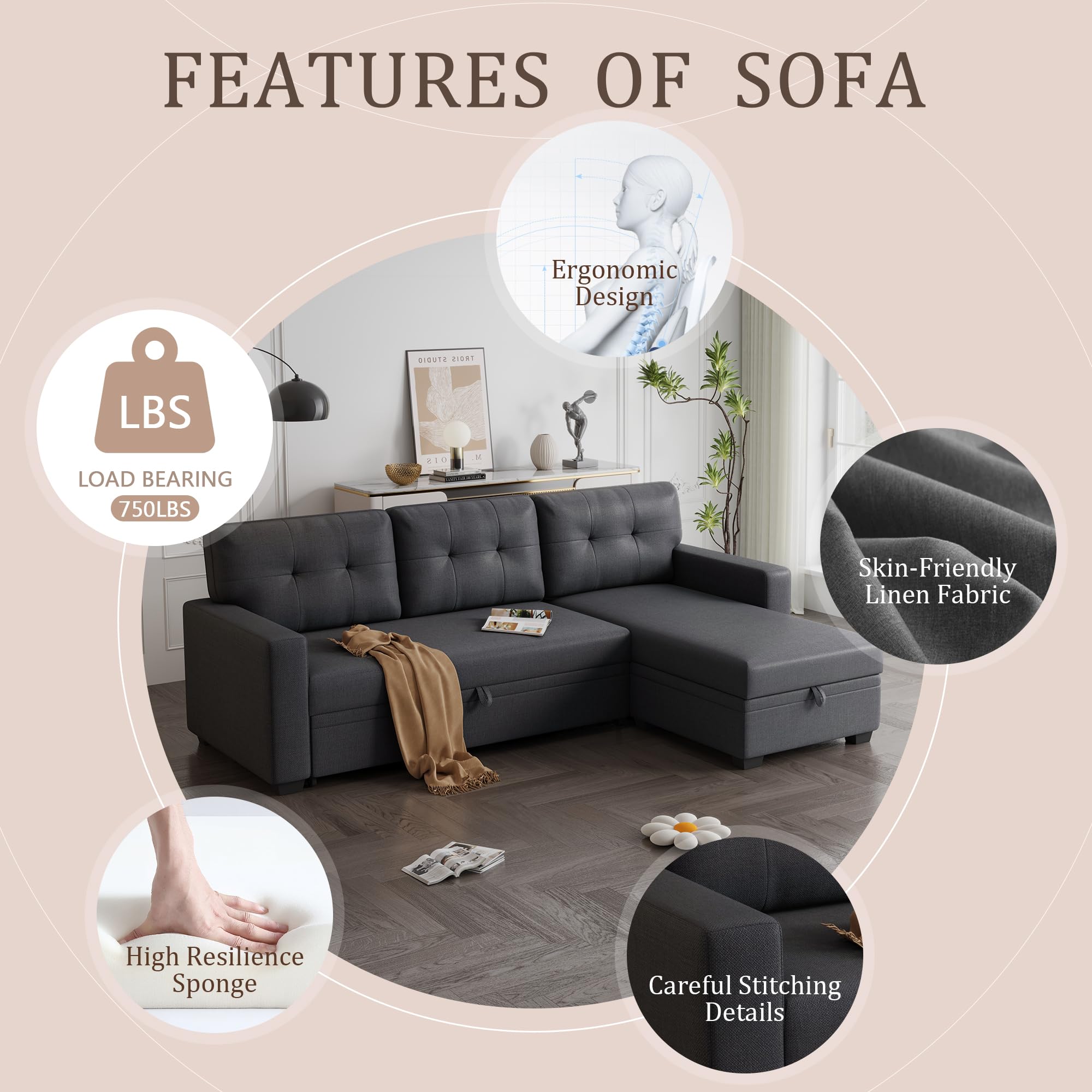 Acosure 82" Pull Out Couch with Storage Chaise,L-Shape Sectional Sofa Bed W/Tufted Backrest,3 Seater Convertible Sleeper for Living Room Apartment Office,Dark Gray