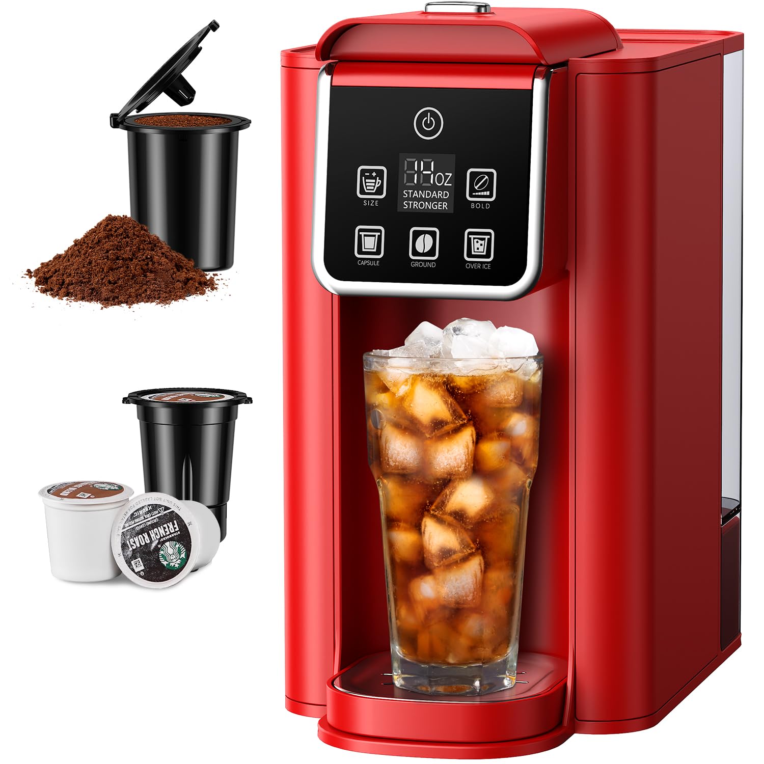 SHARDOR Single Serve Coffee Maker, Hot and Iced Coffee Machine for K Cup Pods & Ground Coffee, 6 to 14 Oz Brew Sizes, with 50 oz Large Water Tank, Removable Drip Tray, Stainless Steel, Red