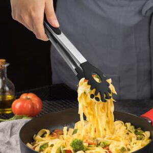 2 PCS Pasta Tong Spaghetti Tongs, 9-Inch & 12-Inch Pasta Server Utensil Pasta Tong Silicone Pasta Tongs With Teeth Silicone Tongs for Serving Food, Spaghetti Noodle, Pasta (Black)