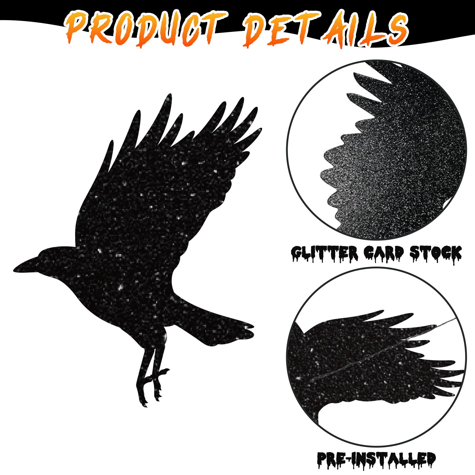 40pcs Glitter Black Crow Halloween Decorations Bird Raven Hanging Banners for Gothic Halloween Garland Backdrop Centerpiece Halloween Wall Cutouts for Horror Theme Birthday Wedding Yard Party Supplies