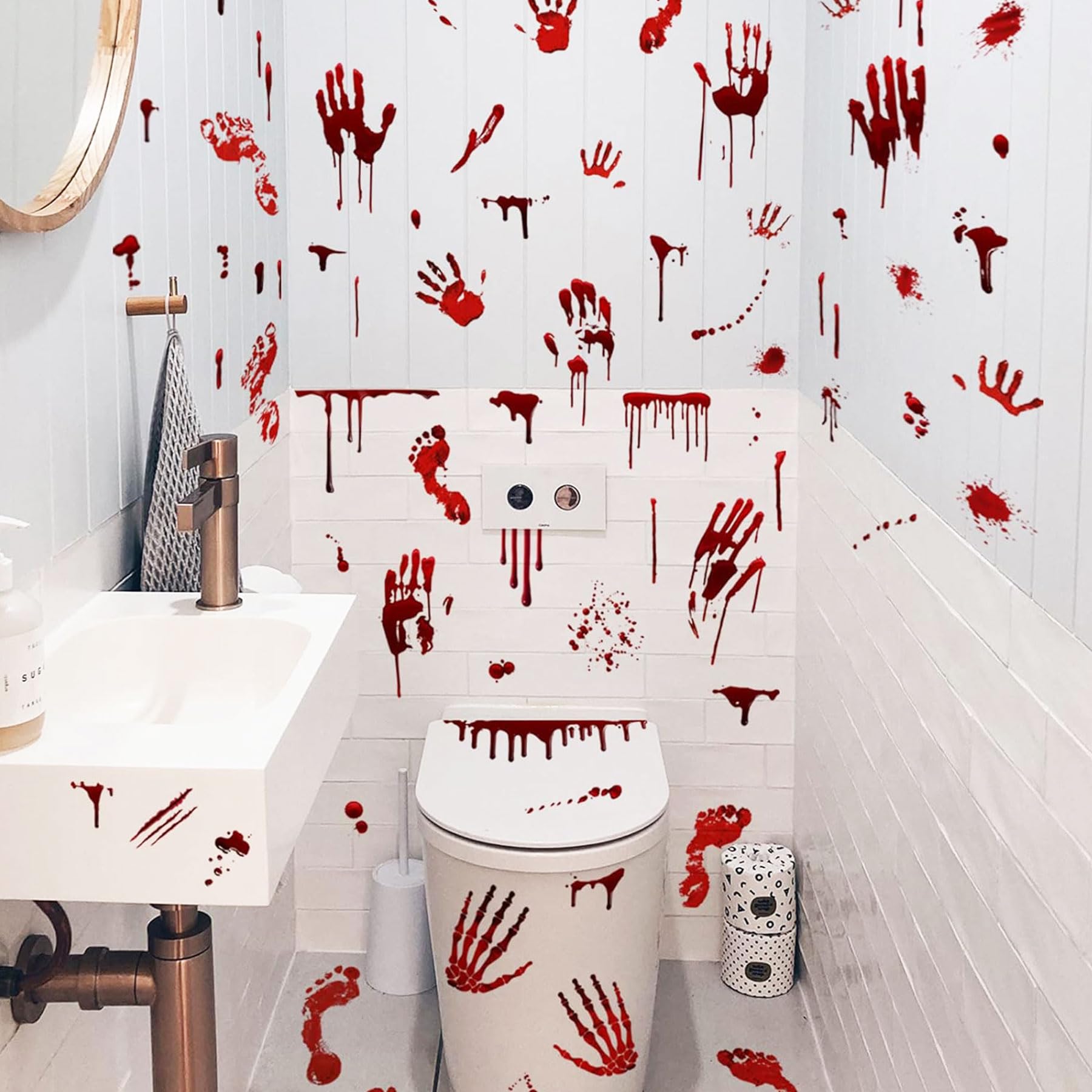 Halloween Bloody Wall Stickers Spooky Bloody Handprint Footprint Window Stickers Easy to Apply and Remove, Vivid Halloween Spooky Stickers Perfect for Halloween Party Indoor Outdoor Decorations