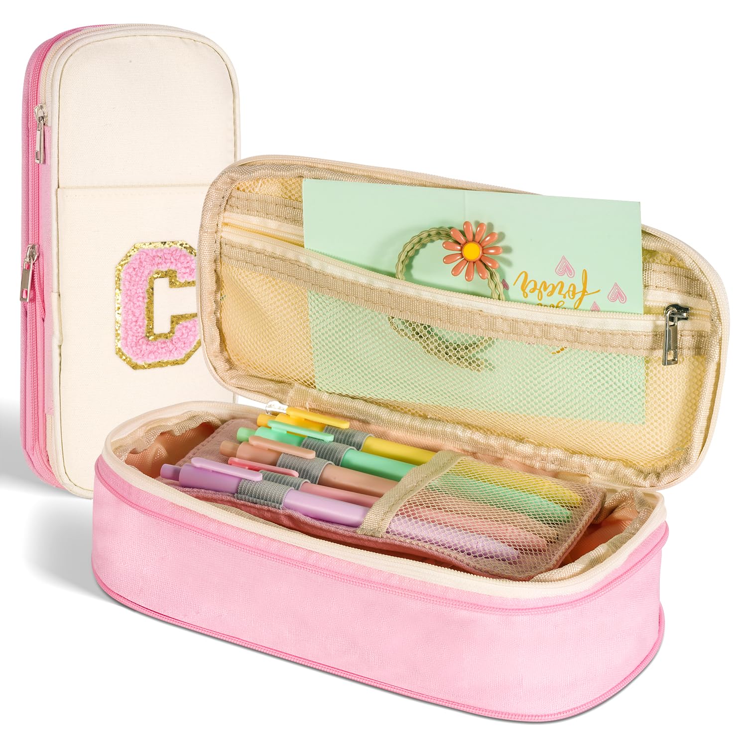 Btffitting Pencil Case,Personalized Pencil Pouch Cute Aesthetic College School Supplies,Large Storage High Capacity Pen Bag Holder Box Organizer Special Cases Gifts for Girls Teens - Beige+Pink,C