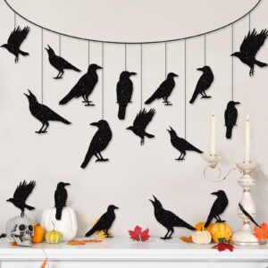 40pcs glitter black crow halloween decorations bird raven hanging banners for gothic halloween garland backdrop centerpiece halloween wall cutouts for horror theme birthday wedding yard party supplies