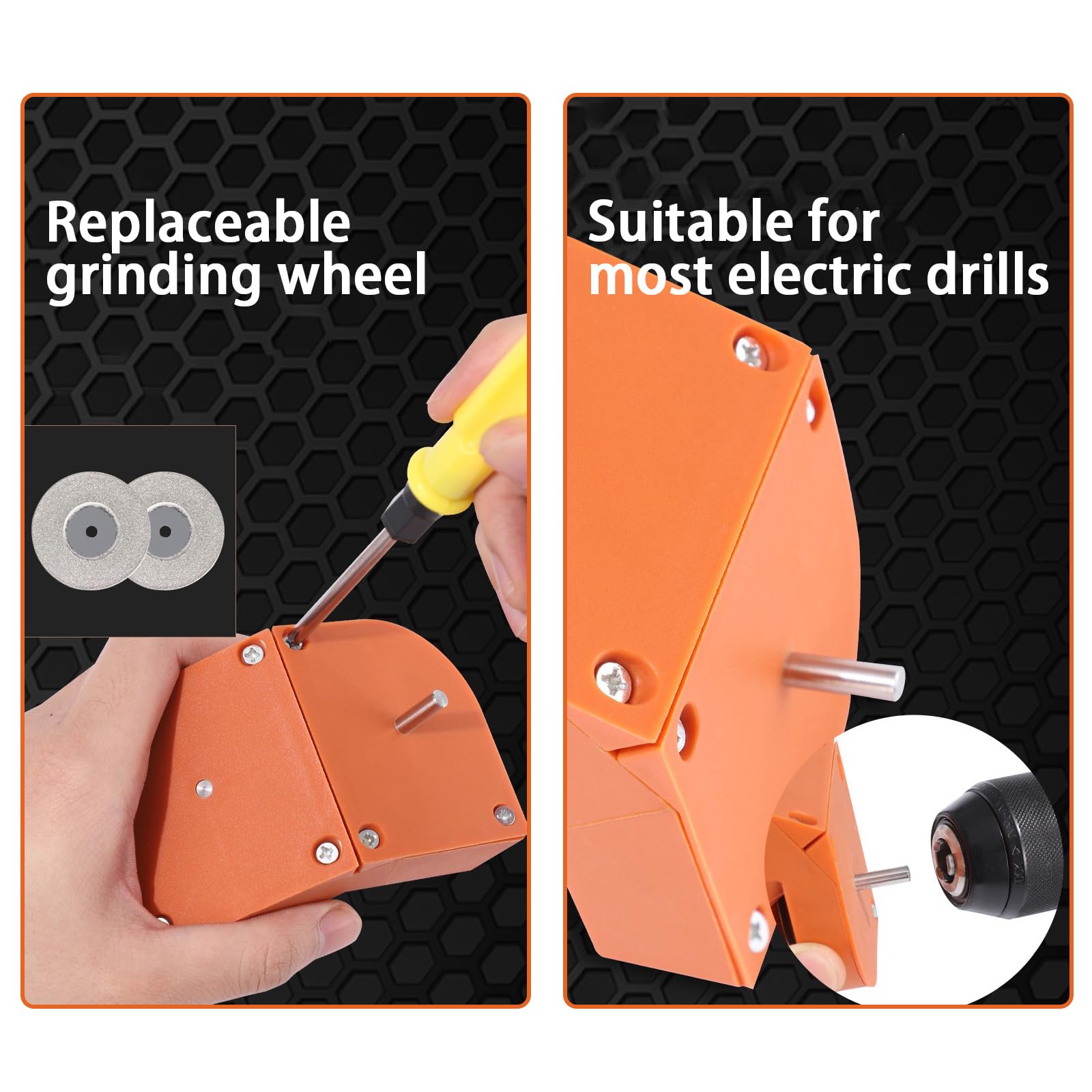 Drill Bit Sharpener，Drill Bit Sharpener for All Bits，Multipurpose Drill Bit Grinding Sharpener for High-Speed Steel, Masonry, Carbide, Cobalt & Tin-Coated Drill Bits（Orange）