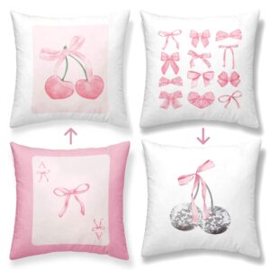 ogilre pink coquette preppy bedding throw pillow covers, preppy trendy aesthetic cute room decor pillows cases, pink bow cherry disco ball pillowcases for teen sofa dorm girls bedroom, 18x18 set of 2