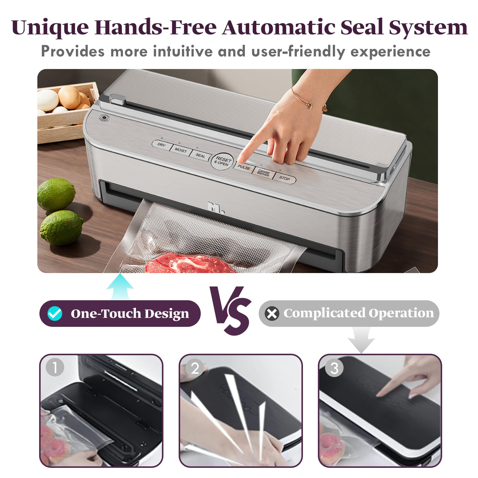 Mesliese Vacuum Sealer Machine, 85kPa 120W Automatic Food Sealer, Powerful Sealing System, Build-in Cutter | Bags Storage | Moist Mode and Air Suction Hose | 2 Bag Rolls and 5pcs Pre-cut Bags