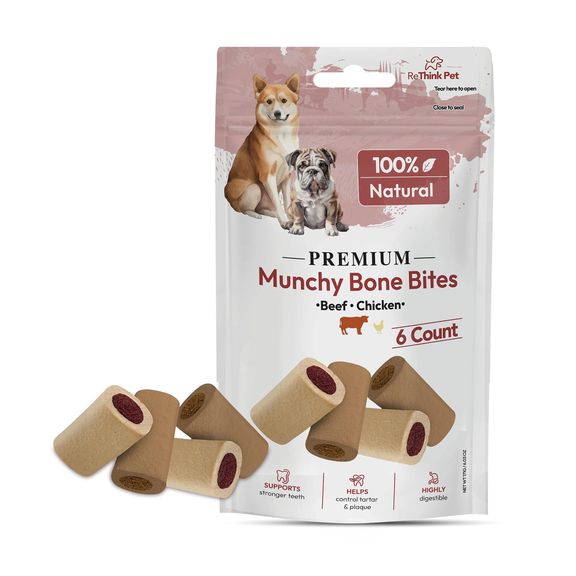 ReThink Pet 6 Pcs Premium Munchy Bone Bites, Dog Treats Small Dogs, Beef and Chicken Flavored Dog Training Treats, Highly Digestible Dog Treat, Natural Pet Treats for Dogs, Perfect Teething Dog Treats