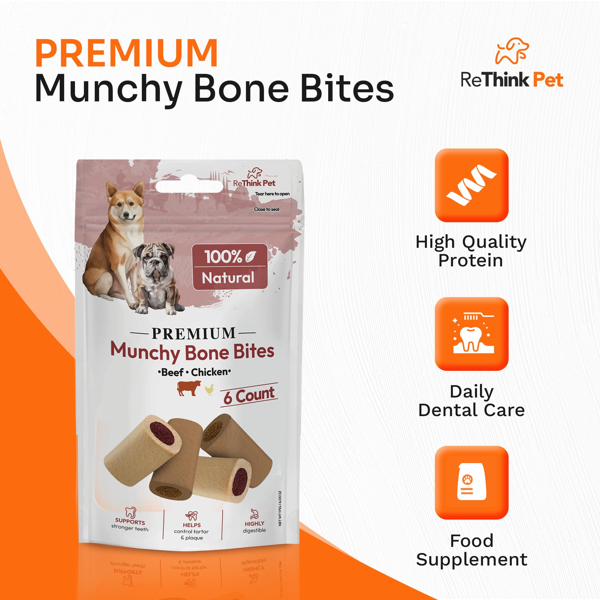 ReThink Pet 6 Pcs Premium Munchy Bone Bites, Dog Treats Small Dogs, Beef and Chicken Flavored Dog Training Treats, Highly Digestible Dog Treat, Natural Pet Treats for Dogs, Perfect Teething Dog Treats