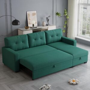 Acosure 82" Pull Out Couch with Storage Chaise,L-Shape Sectional Sofa Bed W/Tufted Backrest,3 Seater Convertible Sleeper for Living Room Apartment Office,Green