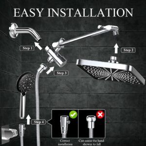 Veken 13.39 Inch High Pressure Rain Shower Head Combo with Extension Arm- Wide Rainfall Showerhead with 5 Handheld Water Spray - Adjustable Dual Showerhead with Anti-Clog Nozzles - Silver Chrome