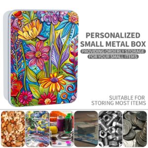 ETLKJVBL Metal Tin Box Sturdy Metal Storage Box with Lid, Large Container Holder for TCG Cards,Car Keys,Cookies,Tin Containers for Gift,5.0x3.7x1.6 Inch,Exquisite Pattern Design(Colorful Flowers)