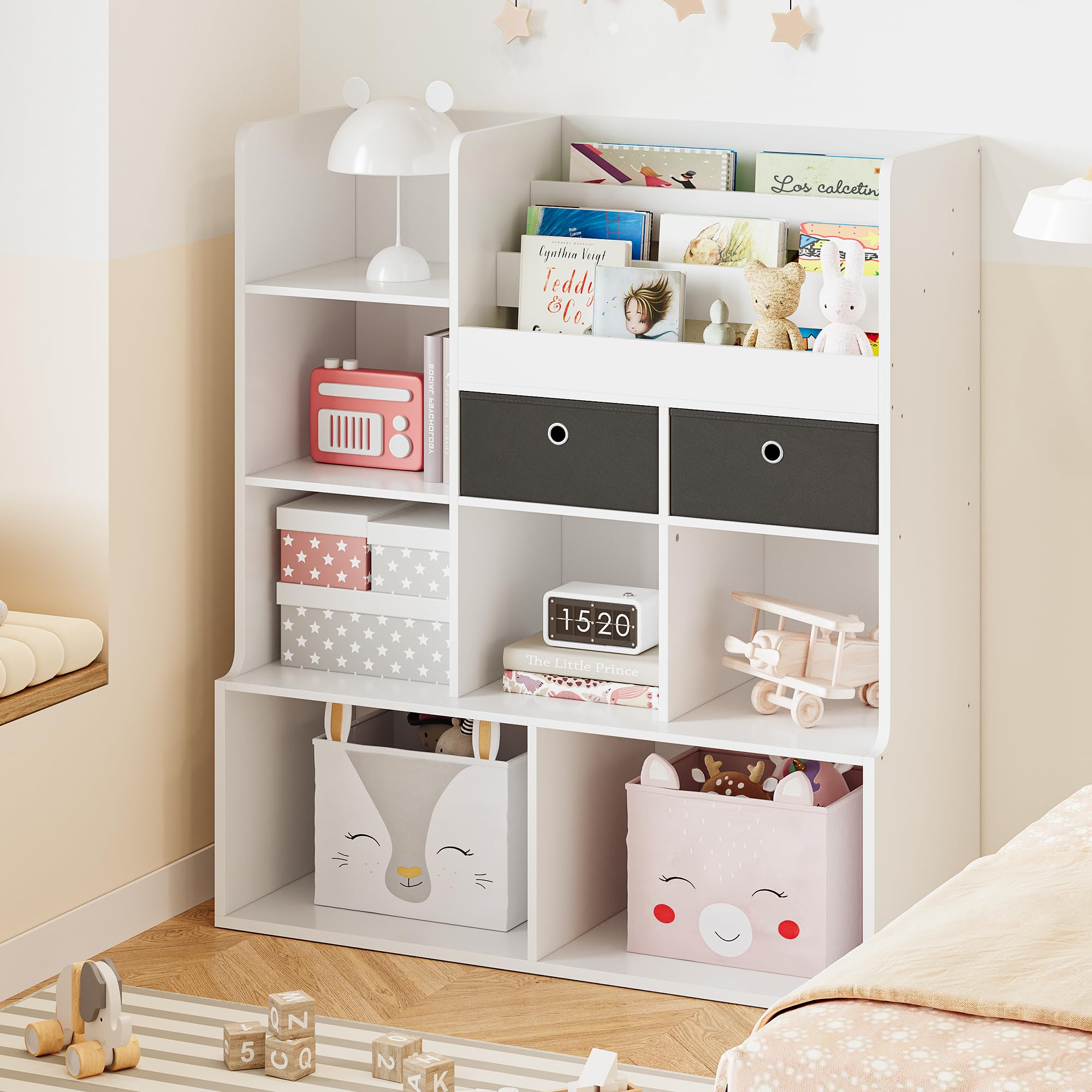 GAOMON 47.8in Kids Bookshelf with Drawers Wooden Toy Storage Organizer Modern Bookcase with Cubbies Floor Storage Cabinet White Toy Chest Playroom, Classroom, Nursery, Kids Room