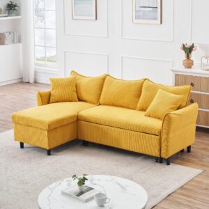 TURRIDU Convertible Sectional Sofa with Pull-Out Bed and Storage Chaise Lounge, L-shaped Corduroy Upholstered Reversible Couch with 2 Throw Pillows for Living Room, Apartment (Yellow)