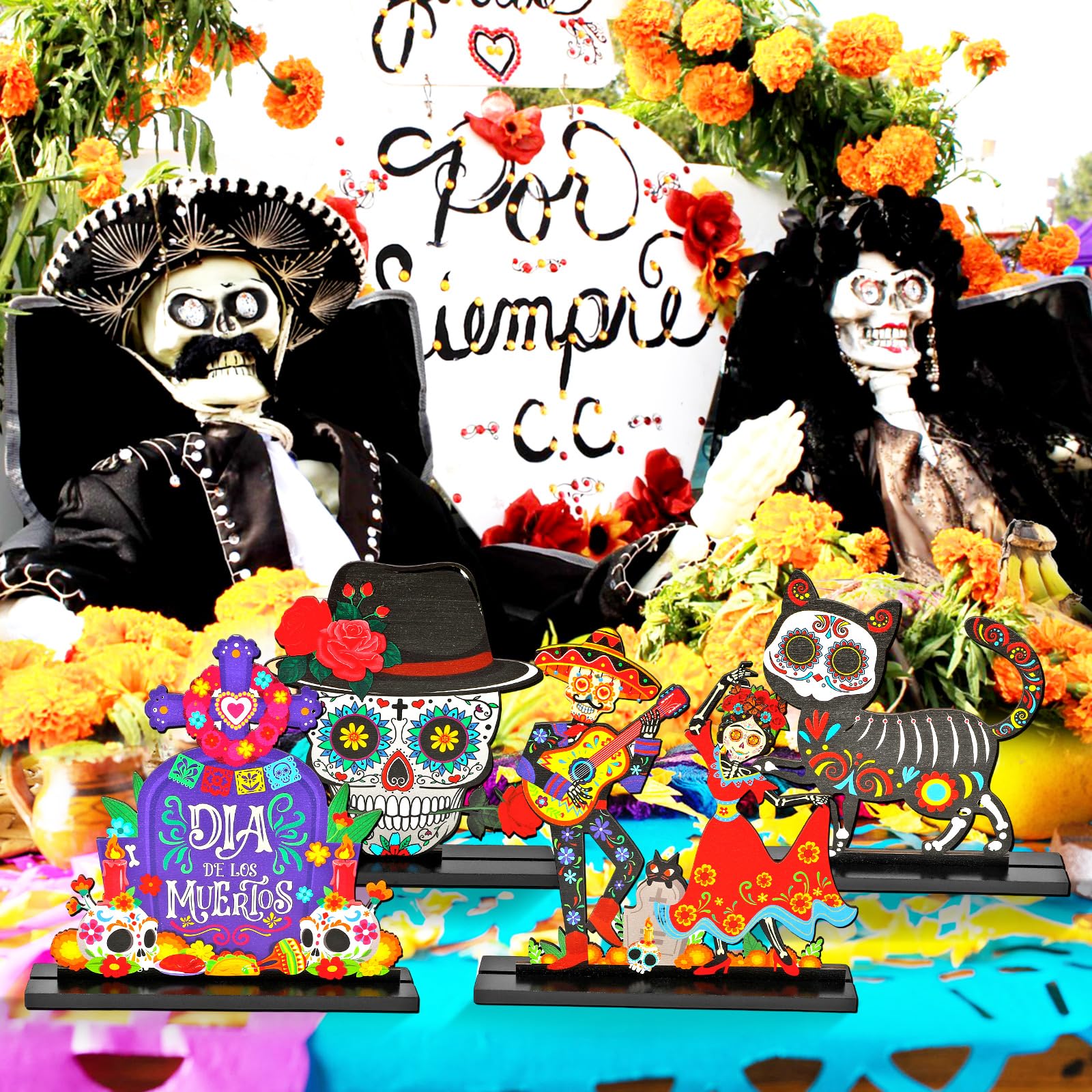 HOWAF 4PCS Day of The Dead Centerpiece, Dia De Los Muertos Wooden Table Topper with Sugar Skull Dancing Ghost Skeleton Couple Skeleton Cat Sacrificial Altar for Day of The Dead Table Decorations