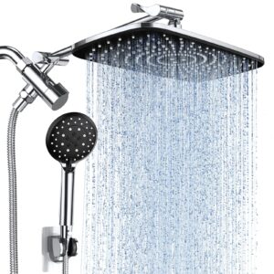 veken 13.39 inch high pressure rain shower head combo with extension arm- wide rainfall showerhead with 5 handheld water spray - adjustable dual showerhead with anti-clog nozzles - silver chrome