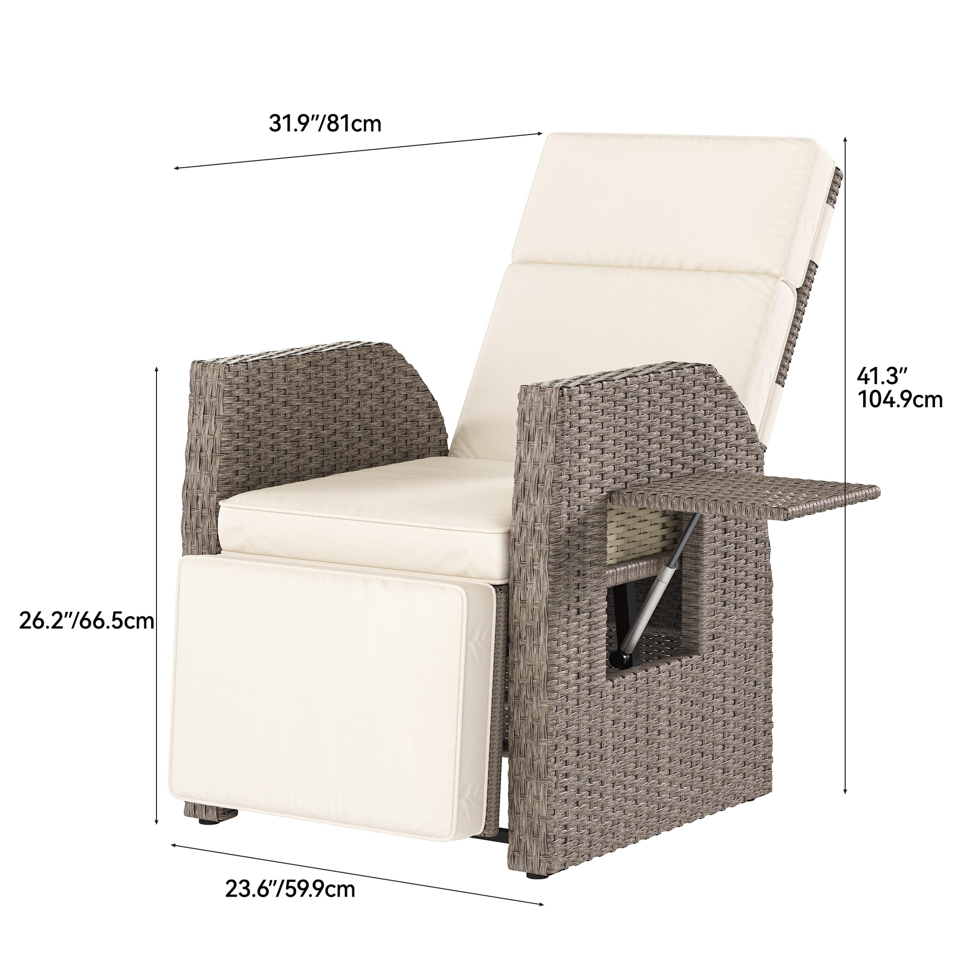 YITAHOME Outdoor Recliner Chair, Patio Wicker Lounge Chair with Adjustable Angle, Flip Table, Reclining Lounge Chair for Outside with Thick Cushions for Deck Backyard Pool Side, Beige