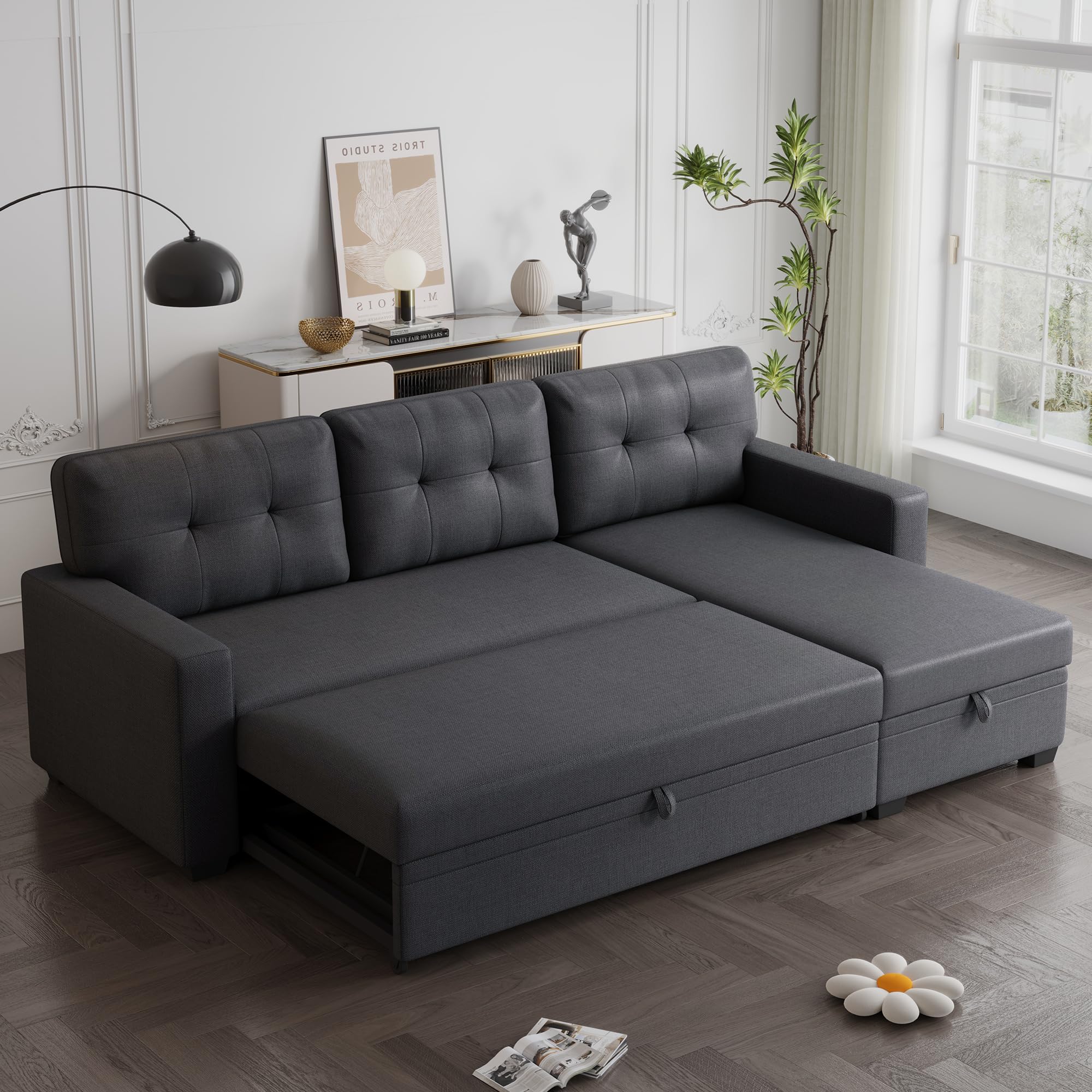 Acosure 82" Pull Out Couch with Storage Chaise,L-Shape Sectional Sofa Bed W/Tufted Backrest,3 Seater Convertible Sleeper for Living Room Apartment Office,Dark Gray