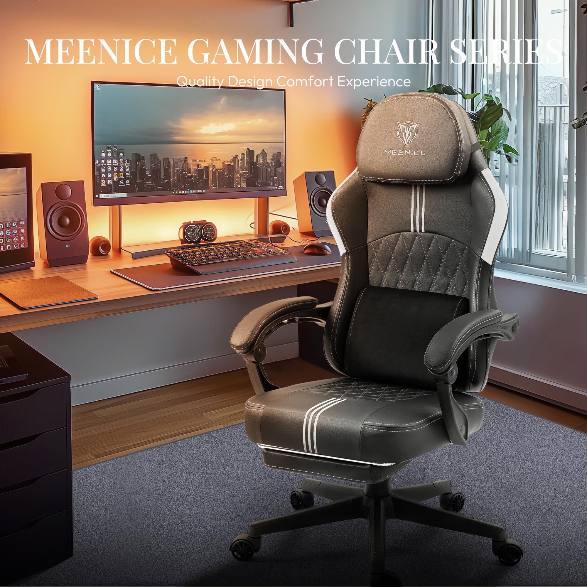 Gaming Chair with Footrest and Pocket Spring Cushion,Big and Tall Game Chair with Cooling Gel and Massage Lumbar,Adjustable High Back Ergonomic Computer Chair for Adults-Supports up to 300LBS Black ﻿