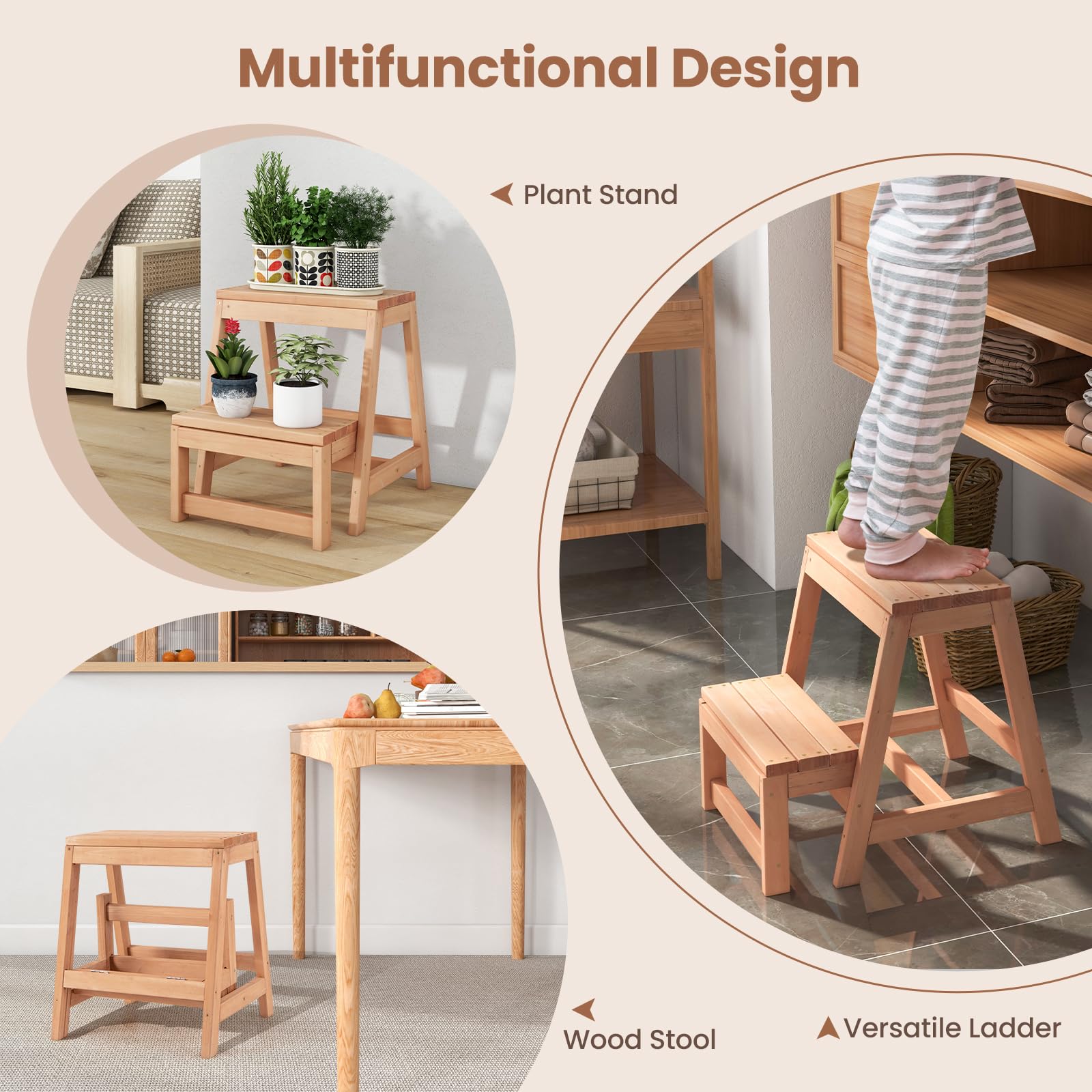 Giantex Folding Step Stool, Wooden 2-Step Stool for Kids & Adults, Holds up to 550Lbs, Portable Plant Stand, Multipurpose Storage Shelf, Stepping Stool for Kitchen Living Room (15.5" Wx20 Dx17.5 H)