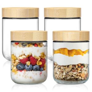 netany 4-pack 16oz glass jars with airtight lids, overnight oats containers with bamboo lids, wide mouth mason salad jars, glass food storage containers for snacks yogurt spice sugar