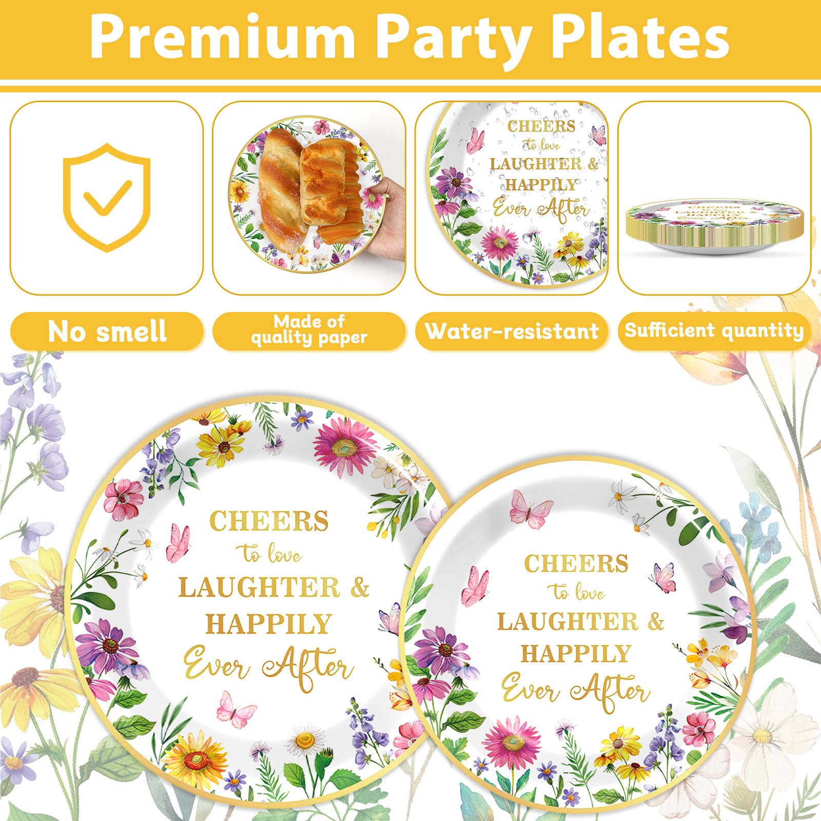 96Pcs Floral Bridal Shower Party Supplies Cheers to Love Tableware Set Wildflower Party Plates and Napkins Decorations for Engagement Bridal Shower Wedding Dinnerware Party Favors for 24 Guests