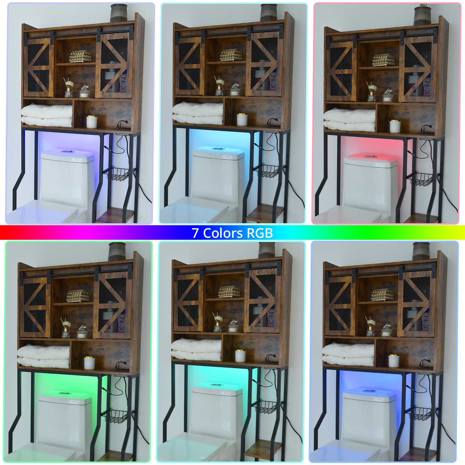 YANASO Over The Toilet Storage Cabinet, Storage Cabinet Over Toilet with 2 Barn Door and Toilet Paper Holder Stand,RGB Light Strip,Home Space-Saving Toilet Rack, for Bathroom, Restroom, Laundry