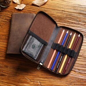 MIVLXLX Leather Pencil Case Organizer with Zipper, Portable Pen Case Storage for Drawing Pencils and Markers (coffee)