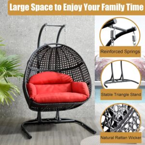 2 Person Hanging Egg Chair with Stand for Outdoor, Patio Rattan Wicker Double Egg Swing Chairs Hammock Chair with Cushion and Stand, Porch Swing Loveseat for Patio Bedroom Balcony (Red)