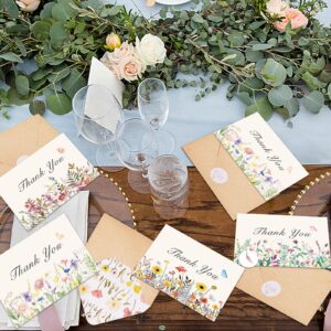 HRFGWDD Floral Thank You Cards With Envelopes 25 Pack, Wildflower Thank You Cards 4"x6", Thank You Notes With Envelopes And Stickers Set for Wedding, Bridal Showers, Baby Showers, Thanksgiving Party