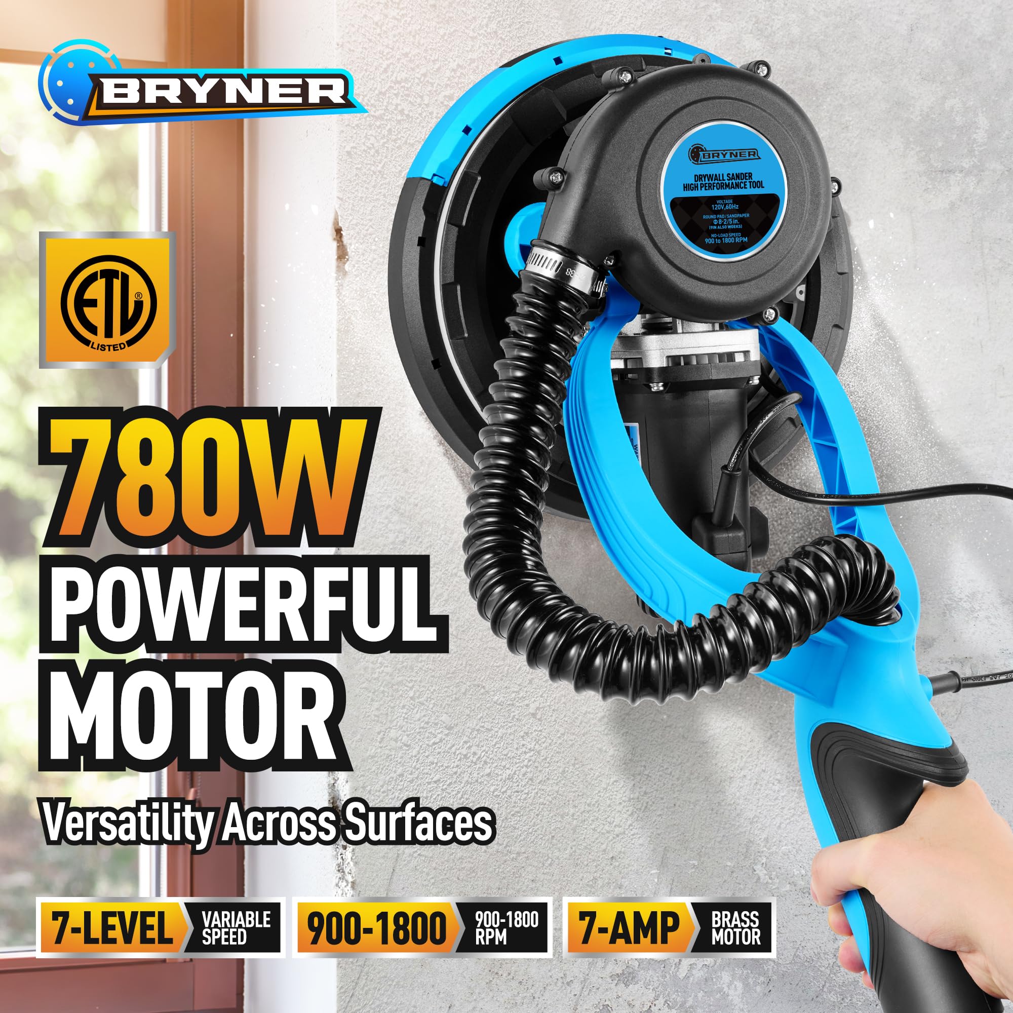 𝟐𝟎𝟐𝟒 𝐔𝐩𝐠𝐫𝐚𝐝𝐞𝐝 Drywall Sander, 780W Electric Drywall Sander with Vacuum Attachment and Labor-Saving Back Belt, 7 Variable Speed 900-1800RPM, Dustless Floor Sander for Popcorn Ceiling Floor