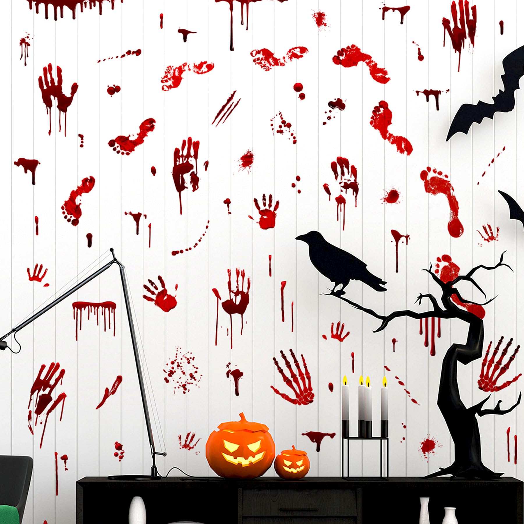 Halloween Bloody Wall Stickers Spooky Bloody Handprint Footprint Window Stickers Easy to Apply and Remove, Vivid Halloween Spooky Stickers Perfect for Halloween Party Indoor Outdoor Decorations