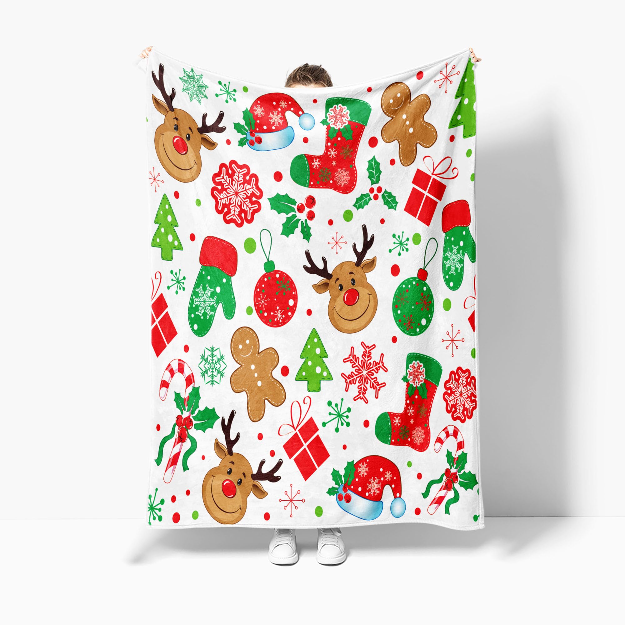 NYMB White Cute Kids Christmas Throw Blanket, Funny Reindeer Snowflake Gingerbread Candy Snowflake Holiday Blanket for Couch Bed, Warm and Cozy Travel Camping Throw Blanke, 50X60in