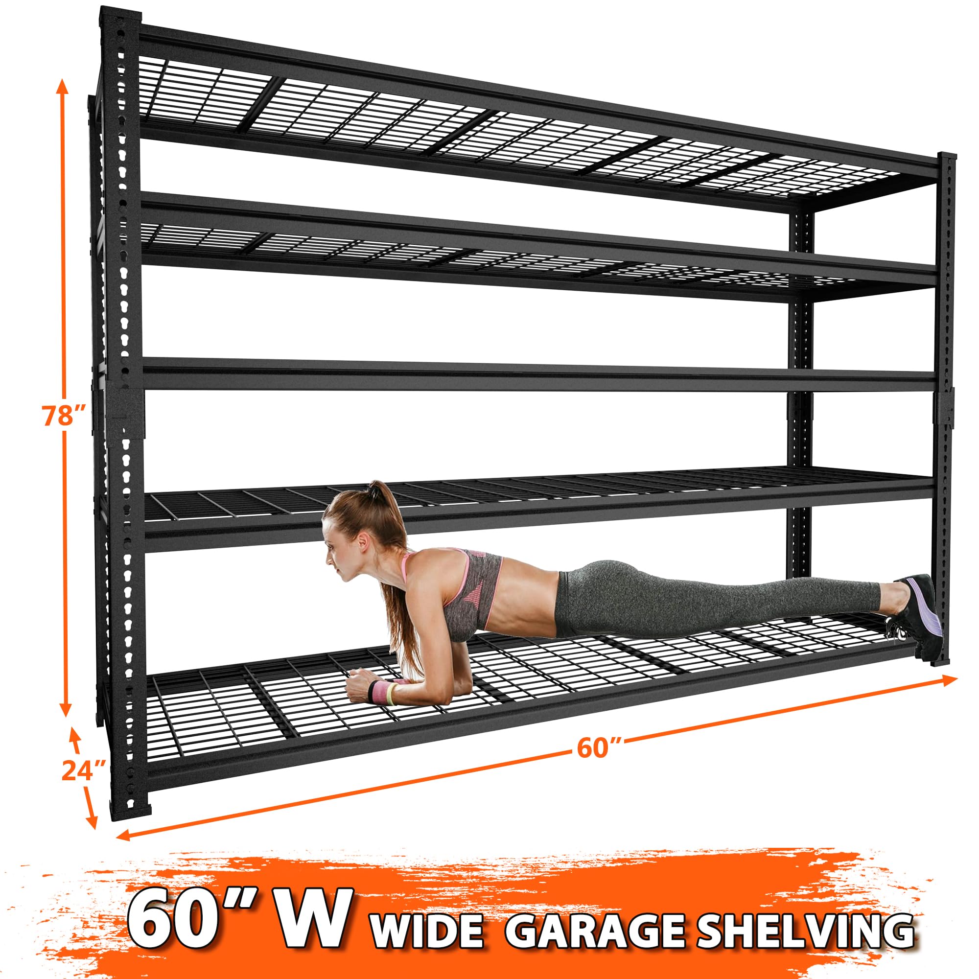 ROOMTEC Garage Shelving, 3300 LBS Capacity Storage Shelves Heavy Duty, 5 Tier Adjustable Metal Organizer Wire Rack, 60"L x 24"W x 78"H Utility Shelf Unit for Kitchen Pantry (1, 60" L x 24" W x 78" H)