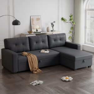 Acosure 82" Pull Out Couch with Storage Chaise,L-Shape Sectional Sofa Bed W/Tufted Backrest,3 Seater Convertible Sleeper for Living Room Apartment Office,Dark Gray