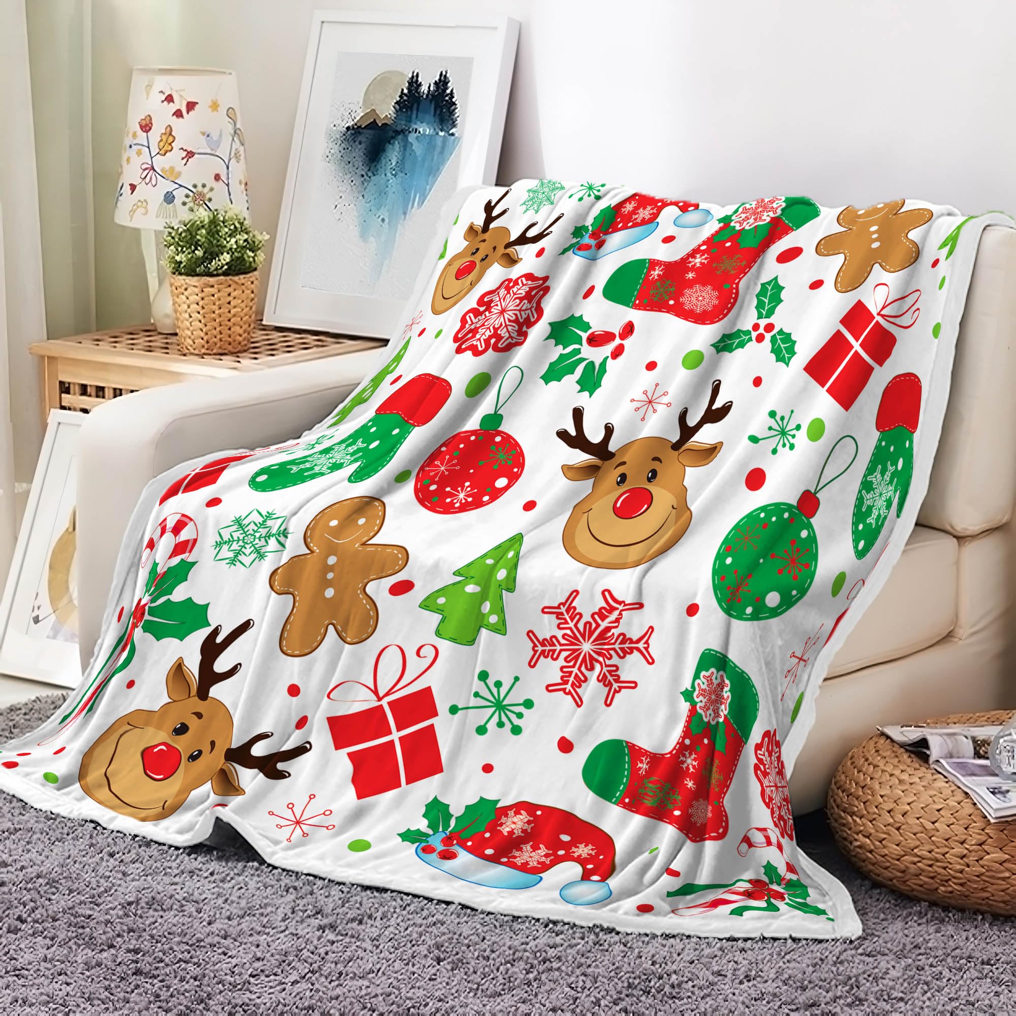 NYMB White Cute Kids Christmas Throw Blanket, Funny Reindeer Snowflake Gingerbread Candy Snowflake Holiday Blanket for Couch Bed, Warm and Cozy Travel Camping Throw Blanke, 50X60in