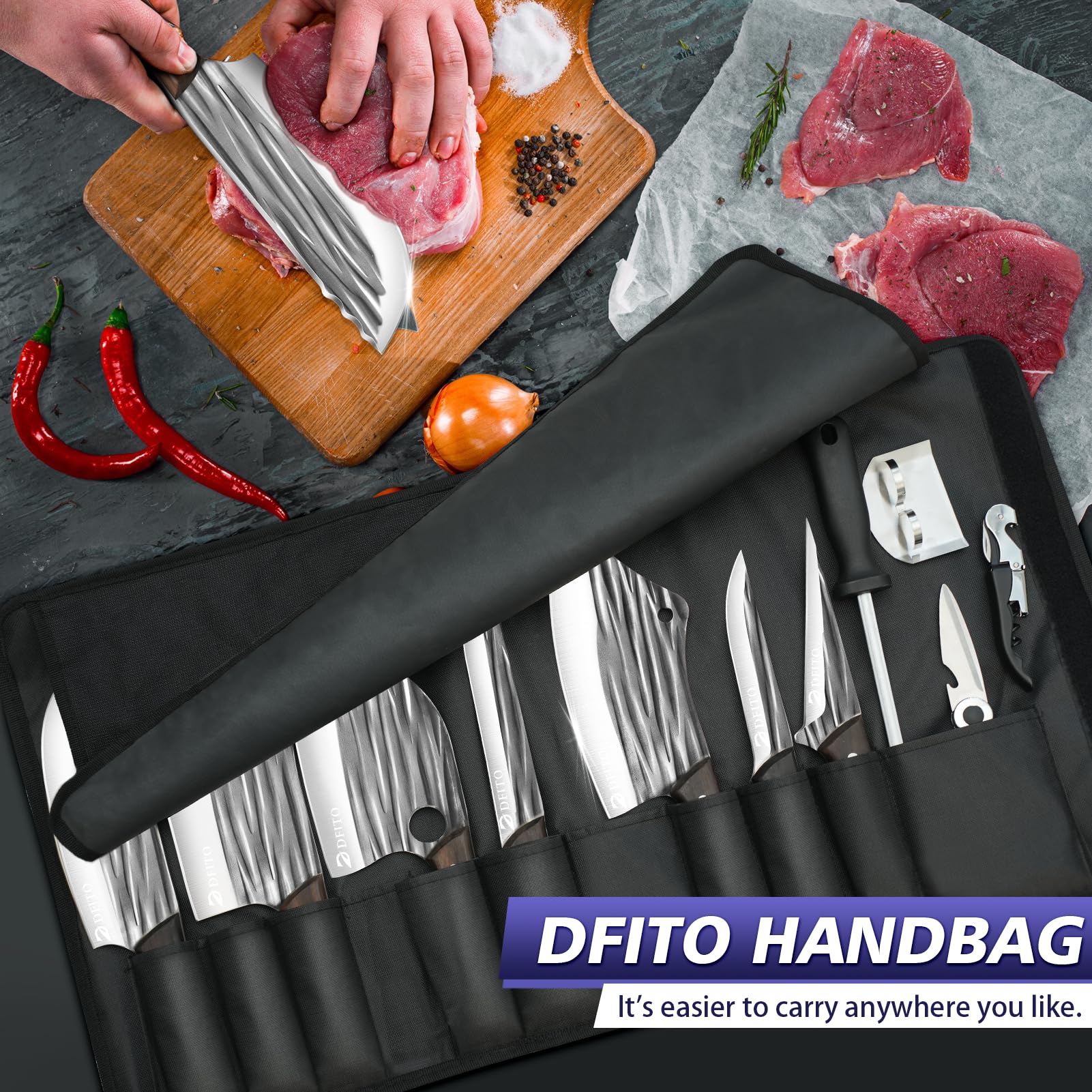 Dfito Butcher Knife Set with Roll Bag, 14 in 1 Professional Chef Knife Set, Hand Forged Chopping & Meat Cleaver & Viking Knives, High Carbon Stainless Steel Kitchen Knife Set for Kitchen Camping BBQ